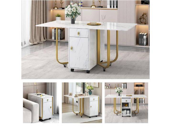 Klappbarer Esstisch für 4 bis 8 Gedecke auf Rollen – 2 Türen + 2 Schubladen – MDF und Metall – Gold + Weiß von Kauf-Unique Marketplace
