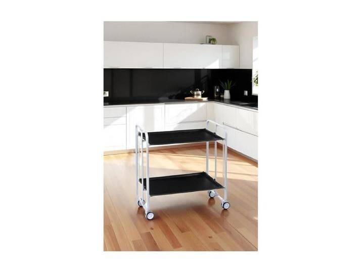 Klappbarer Servierwagen mit Rädern - Weißer Metallrahmen, 2 schwarz laminierte Etagen - 72*66*43 cm - BAUHAUS Klappbarer Servierwagen mit Rädern - Weißer Metallrahmen, 2 schwarz laminierte Etagen - 72*66*43 cm - BAUHAUS von Kauf-Unique Marketplace