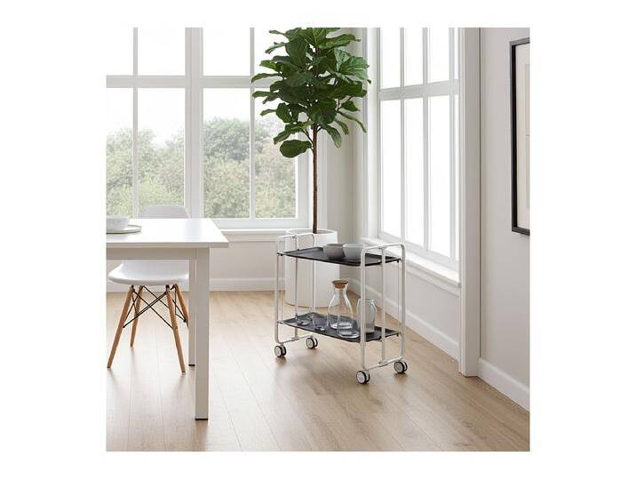 Klappbarer Servierwagen mit Rädern - Weißer Metallrahmen, 2 schwarz laminierte Etagen - 72*66*43 cm - BAUHAUS Klappbarer Servierwagen mit Rädern - Weißer Metallrahmen, 2 schwarz laminierte Etagen - 72*66*43 cm - BAUHAUS von Kauf-Unique Marketplace