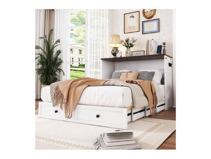 Klappbett 140x200 cm - Mit Schublade, USB und Steckdose - Kiefer + MDF - Max. Belastung 204 kg - Weiß von Kauf-Unique Marketplace