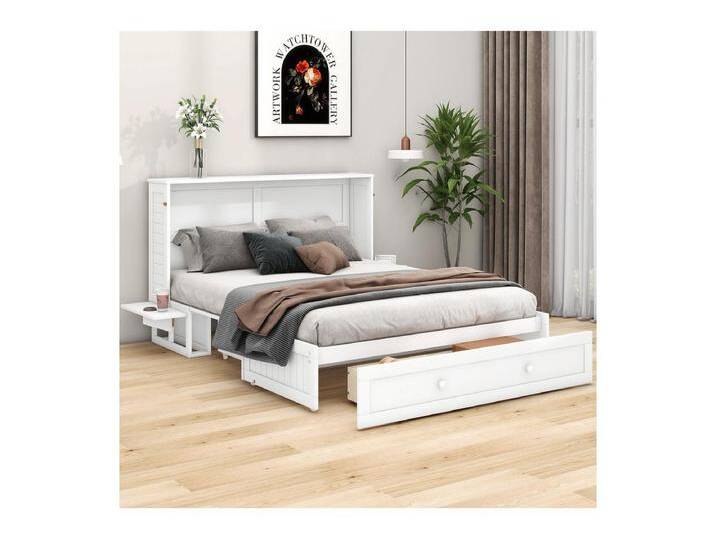Klappbett 140x200 cm - Mit Schubladen und 2 Regalen - Kiefer + MDF - Max. Belastung 204 kg - Weiß von Kauf-Unique Marketplace