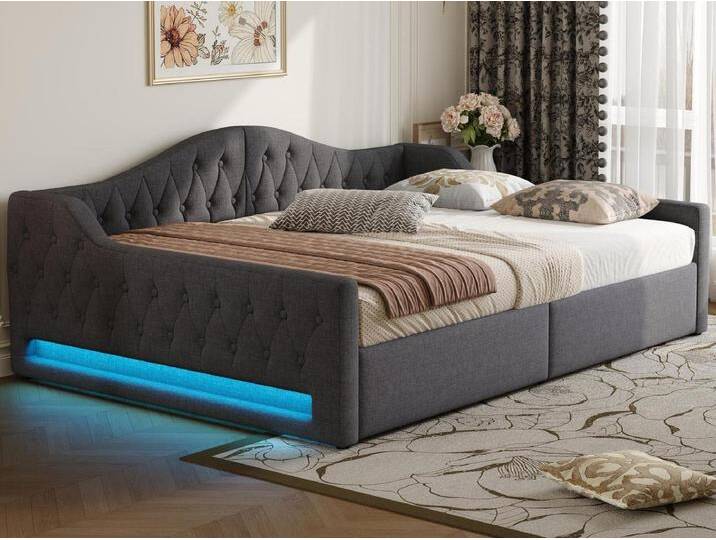 Klappsofa mit Polsterung 140×200 cm - mit LED-Lichtband - Stauraum - mit Lattenrost - grau von Kauf-Unique Marketplace