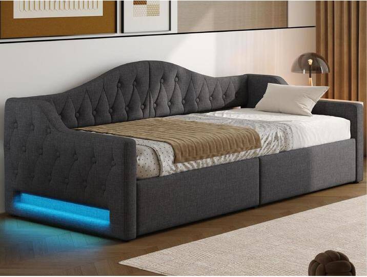 Klappsofa mit Polsterung 90×200 cm - mit LED-Lichtband - Stauraum - mit Lattenrost - grau von Kauf-Unique Marketplace