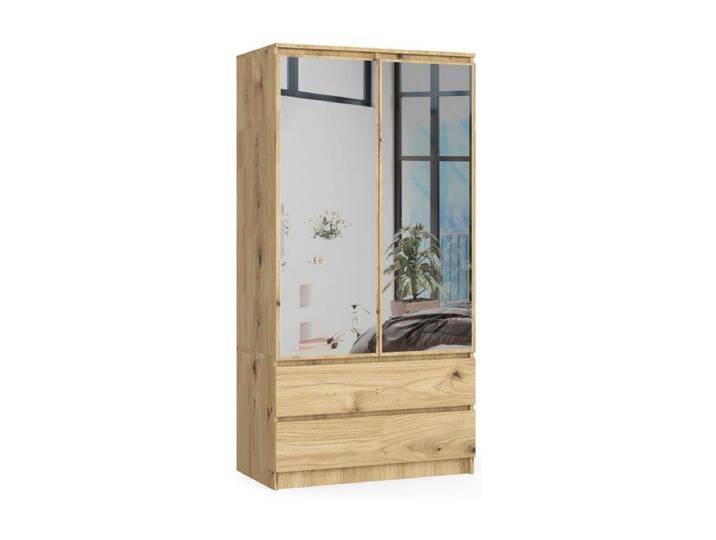 Kleiderschrank AKORD S90 mit Spiegel Eiche Artisan 90 cm 2 Türen 2 Schubladen 4 Ebenen B90 x H180 x T51 cm von Kauf-Unique Marketplace