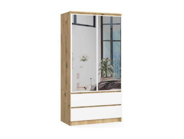 Kleiderschrank AKORD S90 mit Spiegel Eiche Artisan 90 cm 2 Türen 2 Schubladen 4 Ebenen Front Weiß B90 x H180 x T51 cm von Kauf-Unique Marketplace