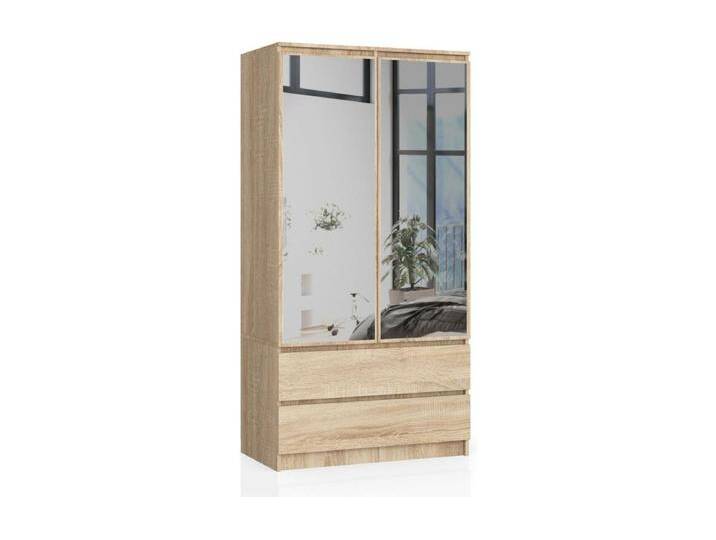 Kleiderschrank AKORD S90 mit Spiegel Sonoma-Eiche 90 cm 2 Türen 2 Schubladen 4 Ebenen B90 x H180 x T51 cm von Kauf-Unique Marketplace