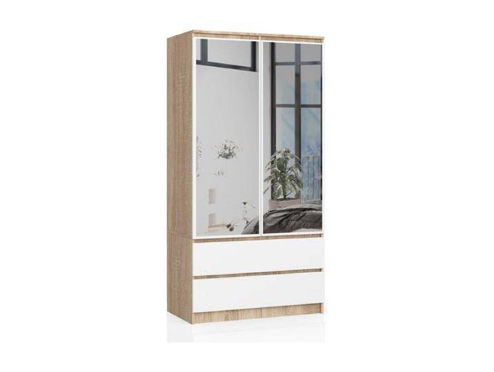 Kleiderschrank AKORD S90 mit Spiegel Sonoma-Eiche 90 cm 2 Türen 2 Schubladen 4 Ebenen Front Weiß B90 x H180 x T51 cm von Kauf-Unique Marketplace