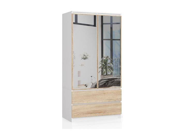 Kleiderschrank AKORD S90 mit Spiegel Weiß 90 cm 2 Türen 2 Schubladen 4 Ebenen Front Sonoma-Eiche B90 x H180 x T51 cm von Kauf-Unique Marketplace