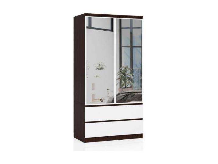 Kleiderschrank AKORD S90 mit Spiegel Wenge 90 cm 2 Türen 2 Schubladen 4 Ebenen Front Weiß B90 x H180 x T51 cm von Kauf-Unique Marketplace