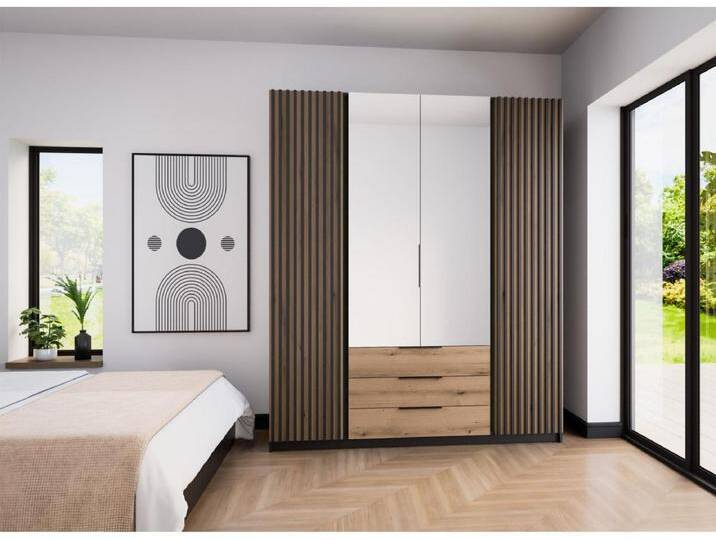 Kleiderschrank mit Lamellen - Spiegel - Schubladen - 200 cm - Eiche/schwarz - KAJA von Kauf-Unique Marketplace