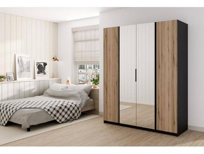 Kleiderschrank mit Spiegel - 200 cm - Eiche/schwarz - KAJA von Kauf-Unique Marketplace