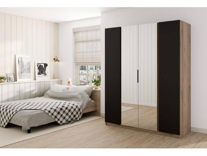 Kleiderschrank mit Spiegel - 200 cm - schwarz/Eiche - KAJA von Kauf-Unique Marketplace