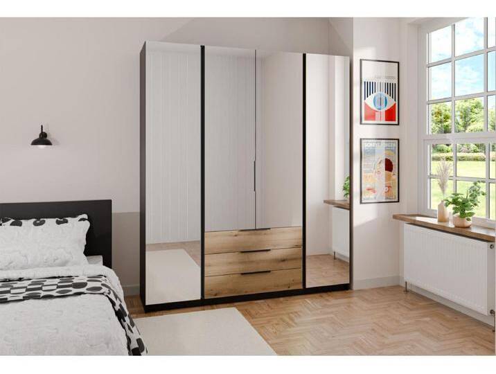 Kleiderschrank mit Spiegel - 3 Schubladen - 200 cm - Eiche/schwarz - KAJA von Kauf-Unique Marketplace
