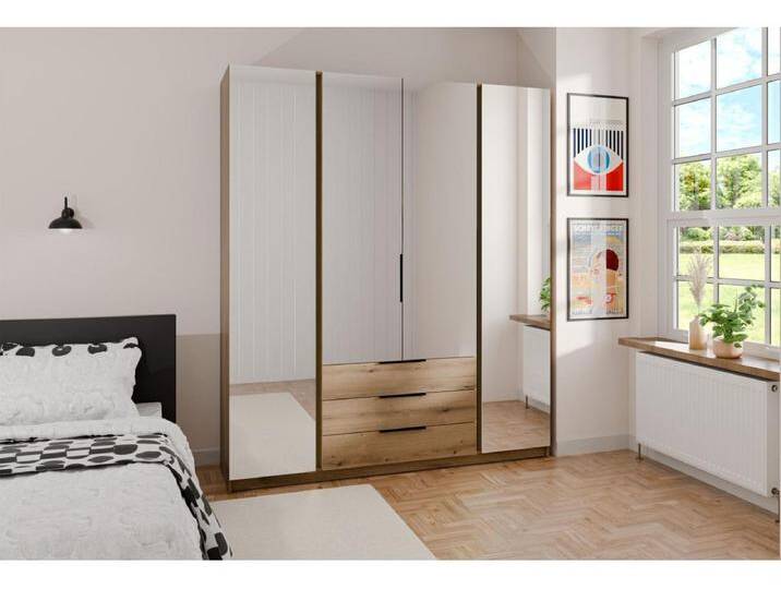 Kleiderschrank mit Spiegel - 3 Schubladen - 200 cm - Eiche - KAJA von Kauf-Unique Marketplace
