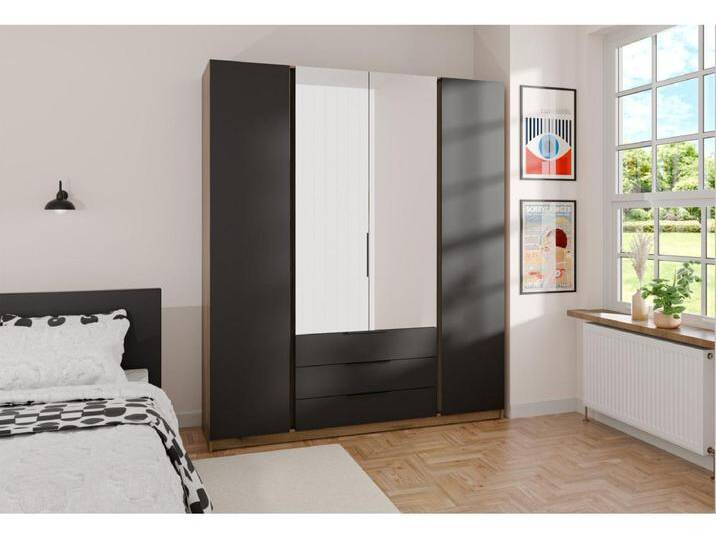 Kleiderschrank mit Spiegel - 3 Schubladen - 200 cm - schwarz/Eiche - KAJA von Kauf-Unique Marketplace