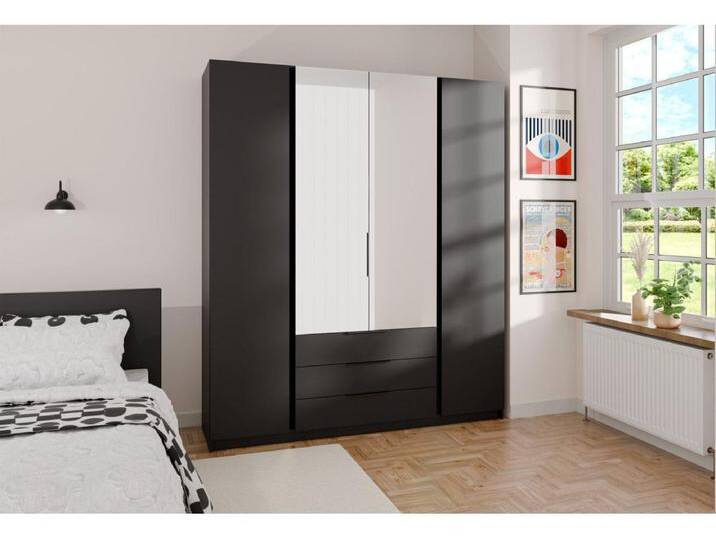 Kleiderschrank mit Spiegel - 3 Schubladen - 200 cm - schwarz - KAJA von Kauf-Unique Marketplace
