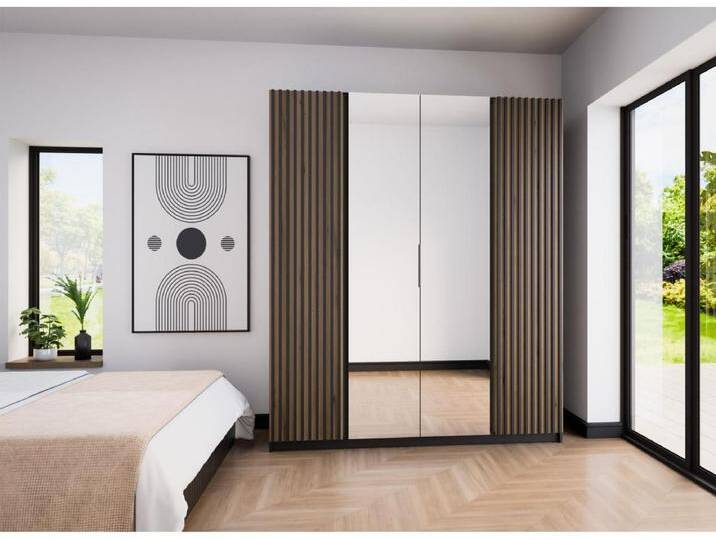 Kleiderschrank mit seitlichen Lamellen - Spiegel - 200 cm - Eiche - KAJA von Kauf-Unique Marketplace