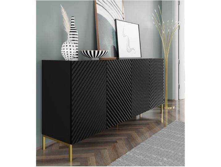 Kommode SURF 200 cm 4D gefräst schwarz matt Füße aus goldenem Metall von Kauf-Unique Marketplace