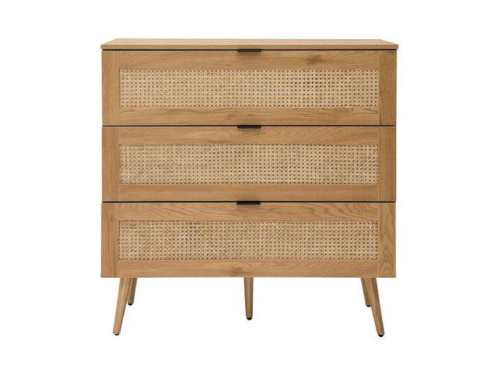 Kommode aus hellem Holz, Rattangeflecht und schwarzem Metall 3 Schubladen L100 cm MANILLE von Kauf-Unique Marketplace