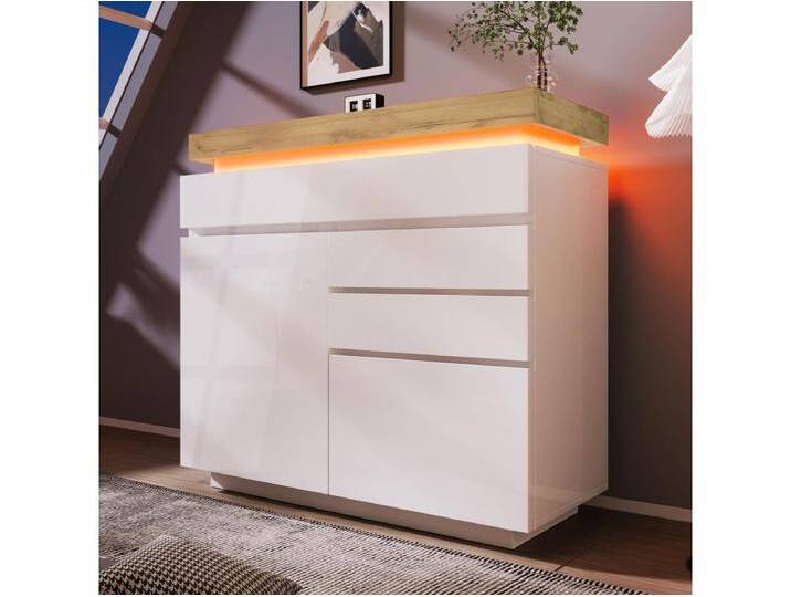 Kommode mit 2 Türen und 3 Schubladen – 110 x 39 x 115 cm – LEDs – Spanplatte – für Wohnzimmer, Schlafzimmer – Weiß von Kauf-Unique Marketplace