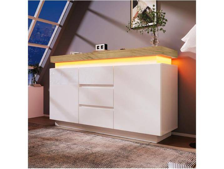 Kommode mit 2 Türen und 3 Schubladen – 140 x 39 x 81 cm – LEDs – Spanplatte – für Wohnzimmer, Schlafzimmer – Weiß Kommode mit 2 Türen und 3 Schubladen – 140 x 39 x 81 cm – LEDs – Spanplatte – für Wohnzimmer, Schlafzimmer – Weiß von Kauf-Unique Marketplace