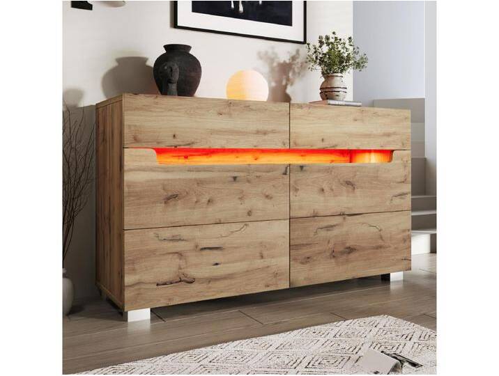 Kommode mit 6 Schubladen – 120 x 40 x 71 cm – LEDs – Spanplatte – für Wohnzimmer, Schlafzimmer – Eiche von Kauf-Unique Marketplace