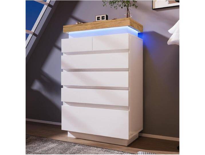 Kommode mit 6 Schubladen – 73 x 39 x 115 cm – LEDs – Spanplatte – für Wohnzimmer und Schlafzimmer – Weiß von Kauf-Unique Marketplace