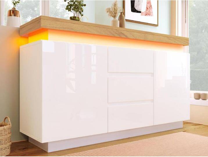 Kommode mit LED – 3 Schubladen und 2 Türen mit verstellbaren Einlegeböden – Weiß von Kauf-Unique Marketplace