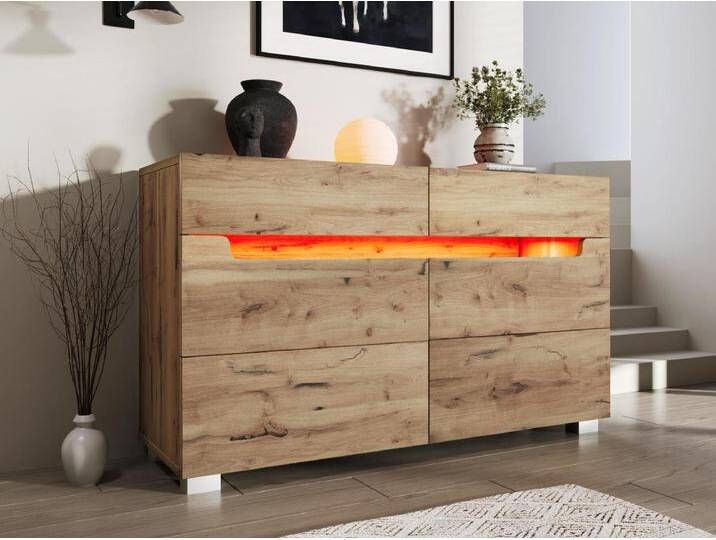 Kommode mit LED – 6 Schubladen – Glanzeffekt – Natur von Kauf-Unique Marketplace