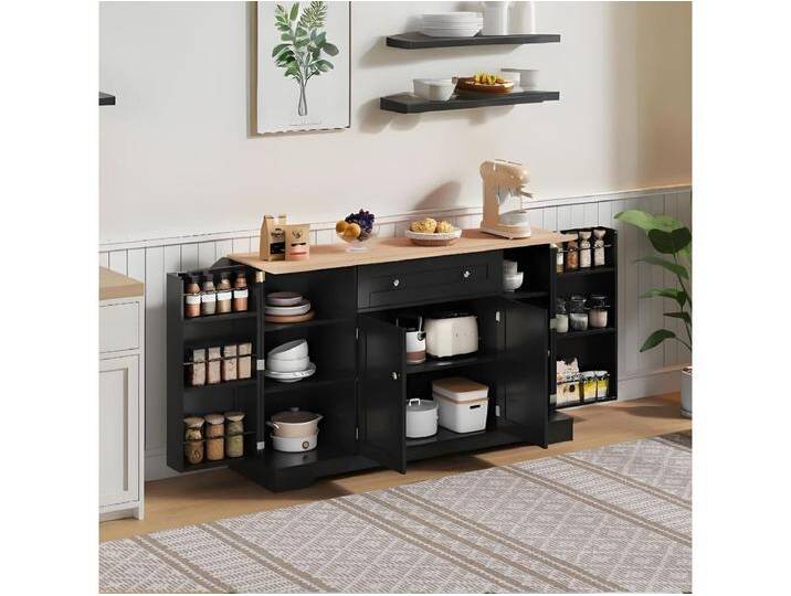 Küchen-Sideboard mit 4 Türen und 1 Schublade - 138 x 40 x 85 cm - MDF-Holz - Verstellbare Regale - Schwarz + Natur von Kauf-Unique Marketplace