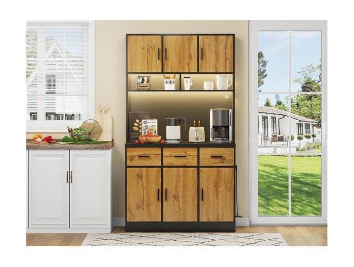 Küchen-Sideboard mit LED – 6 Türen, 3 Schubladen und 3 offene Fächer – Natur von Kauf-Unique Marketplace