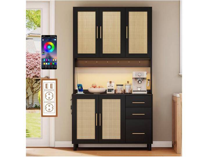 Küchen-Sideboard mit LEDs - 100 x 40 x 183 cm - mit USB + Steckdosen + verstellbaren Böden + 3 Schubladen - MDF - schwarz von Kauf-Unique Marketplace