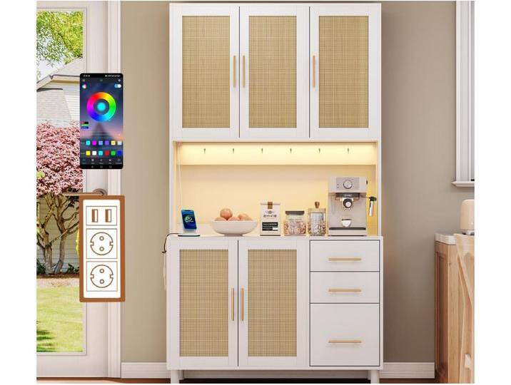 Küchenbuffet 100×40×183 cm - mit USB und Steckdose - mit LED-Beleuchtung - 5 Türen und 3 Schubladen - weiß+natur von Kauf-Unique Marketplace