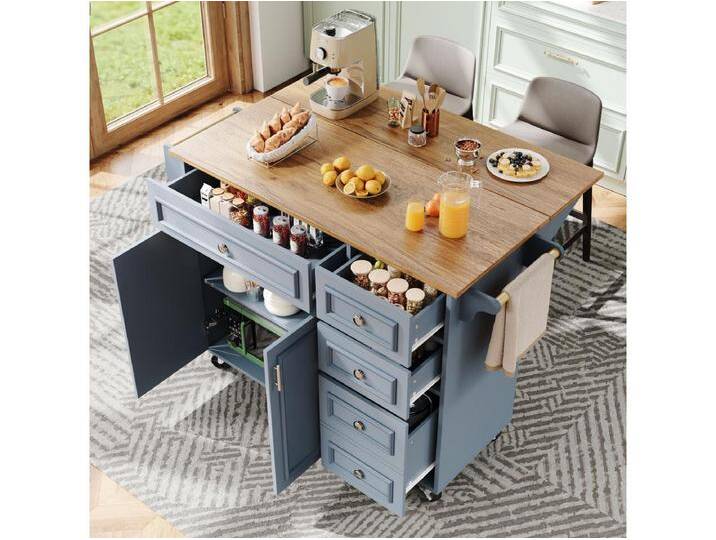 Kücheninsel - 110 x 45-75 x 92cm - abnehmbarer Servierwagen - mit 5 Schubladen + 2 Türen - MDF - blau Kücheninsel - 110 x 45-75 x 92cm - abnehmbarer Servierwagen - mit 5 Schubladen + 2 Türen - MDF - blau von Kauf-Unique Marketplace