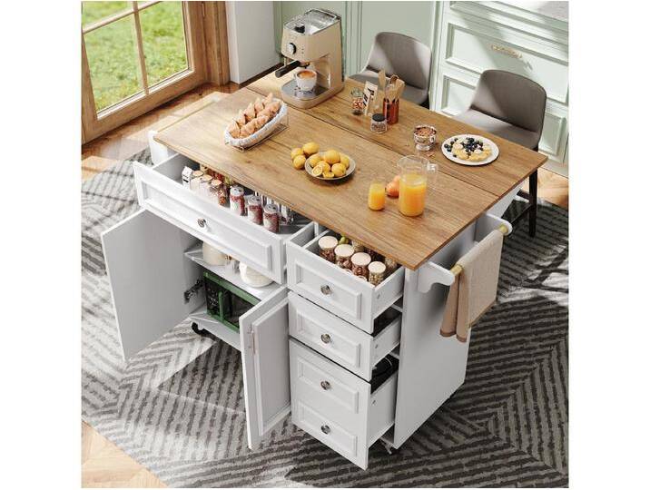 Kücheninsel - 110 x 45-75 x 92cm - abnehmbarer Servierwagen - mit 5 Schubladen + 2 Türen - MDF - weiß Kücheninsel - 110 x 45-75 x 92cm - abnehmbarer Servierwagen - mit 5 Schubladen + 2 Türen - MDF - weiß von Kauf-Unique Marketplace
