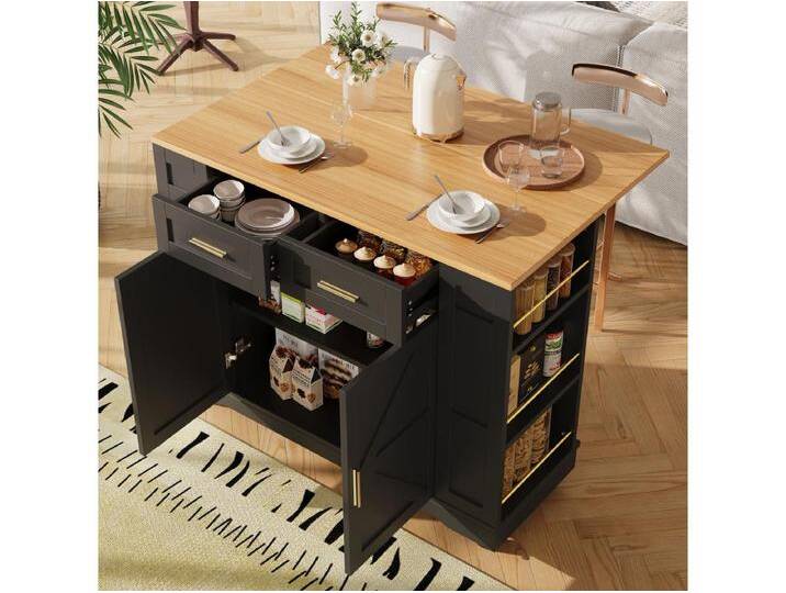 Kücheninsel auf Rollen – 120 x 65 x 90 cm – Servierwagen mit Auszügen, 2 Türen und 2 Schubladen – MDF – Schwarz von Kauf-Unique Marketplace