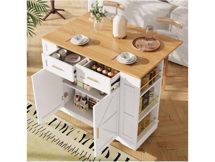 Kücheninsel auf Rollen – 120 x 65 x 90 cm – Servierwagen mit Auszügen, 2 Türen und 2 Schubladen – MDF – Weiß von Kauf-Unique Marketplace