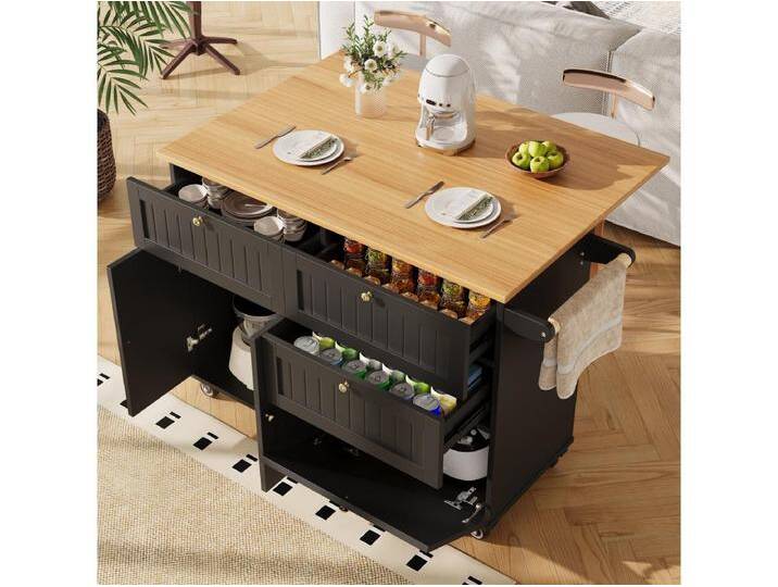 Kücheninsel auf Rollen – 133 x 70 x 88 cm – Servierwagen mit Auszügen, 3 Schubladen und 3 Türen – MDF – Schwarz Kücheninsel auf Rollen – 133 x 70 x 88 cm – Servierwagen mit Auszügen, 3 Schubladen und 3 Türen – MDF – Schwarz von Kauf-Unique Marketplace