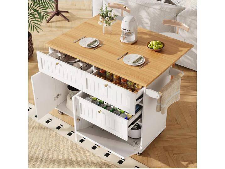 Kücheninsel auf Rollen – 133 x 70 x 88 cm – Servierwagen mit Auszügen, 3 Schubladen und 3 Türen – MDF – Weiß Kücheninsel auf Rollen – 133 x 70 x 88 cm – Servierwagen mit Auszügen, 3 Schubladen und 3 Türen – MDF – Weiß von Kauf-Unique Marketplace