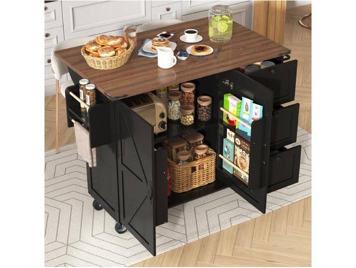 Kücheninsel auf Rollen - 140 x 45 x 90,5 cm - mit ausziehbarer Arbeitsplatte + 2 Türen + 3 Schubladen - Metall + MDF - Schwarz Kücheninsel auf Rollen - 140 x 45 x 90,5 cm - mit ausziehbarer Arbeitsplatte + 2 Türen + 3 Schubladen - Metall + MDF - Schwarz von Kauf-Unique Marketplace