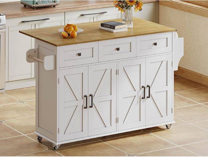 Kücheninsel - klappbarer Esstisch - mit 5 verriegelbaren Rollen - mit 3 Schubladen und 4 Türen - mit Handtuchhalter - Weiß Kücheninsel - klappbarer Esstisch - mit 5 verriegelbaren Rollen - mit 3 Schubladen und 4 Türen - mit Handtuchhalter - Weiß von Kauf-Unique Marketplace