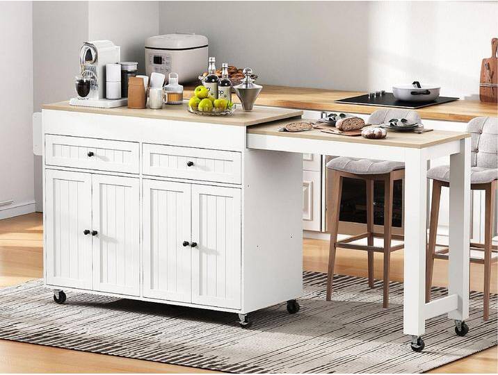 Kücheninsel - mit 4 Türen und 2 Schubladen - ausziehbarer Arbeitsplatte - mit Rollen - 180,5×45×92,2 cm - Weiß + Natur Kücheninsel - mit 4 Türen und 2 Schubladen - ausziehbarer Arbeitsplatte - mit Rollen - 180,5×45×92,2 cm - Weiß + Natur von Kauf-Unique Marketplace