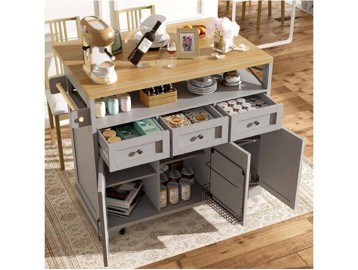 Kücheninsel mit Rollen - 118 x 43–80 x 98 cm - mit 3 Türen + 3 Schubladen - MDF + Metall - Grau von Kauf-Unique Marketplace