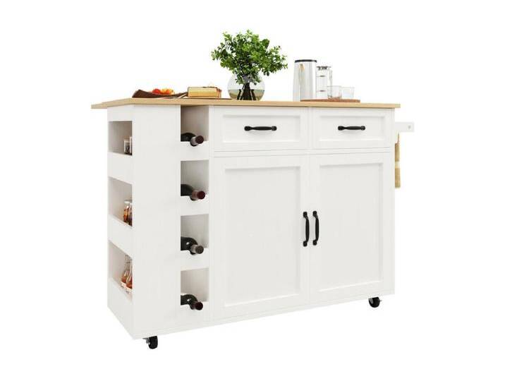 Kücheninsel mit Weinregal 2 Schubladen und 2 Türen - 2 Steckdosen - Weiß+natur - 131.5x43/76x90.7cm von Kauf-Unique Marketplace