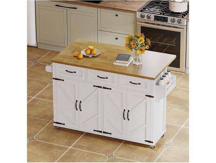 Kücheninsel mit klappbarer Arbeitsplatte,ausgestattet mit 5 feststellbaren Rollen,4 Türen,3 Schubladen,doppelseitigen Handtuchhalter,140x43/70x90.5cm Kücheninsel mit klappbarer Arbeitsplatte,ausgestattet mit 5 feststellbaren Rollen,4 Türen,3 Schubladen,doppelseitigen Handtuchhalter,140x43/70x90.5cm von Kauf-Unique Marketplace