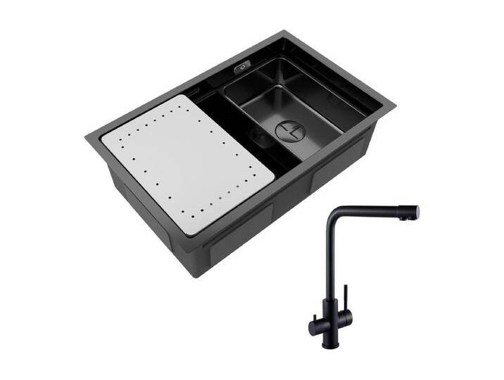Küchenspüle 1 Becken 70×44×21CM Schwarze Edelstahlspüle mit Abtropffläche und Becken + 3-Wege-Spültischmischbatterie, 2 Hebel, Schwarz von Kauf-Unique Marketplace