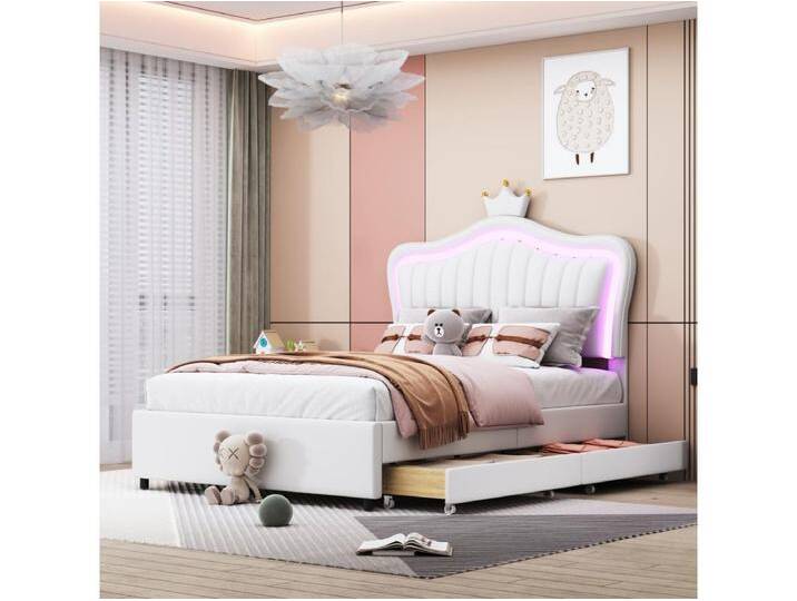 LED Kinderbett mit 2 Schubladen, Lattenrost und Kopfteil mit Krone, in PU-Leder, weiß 90x200cm LED Kinderbett mit 2 Schubladen, Lattenrost und Kopfteil mit Krone, in PU-Leder, weiß 90x200cm von Kauf-Unique Marketplace