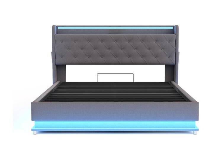 LED-Polsterbett grau 160 * 200cm, Leinen pro - Haut mit USB-Ladeanschluss und hydraulischer Lagerung von Kauf-Unique Marketplace
