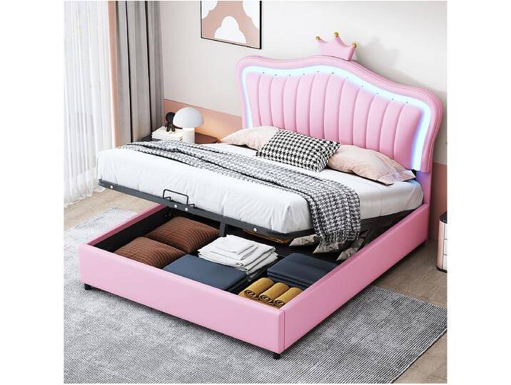 Mädchenbett 140x200 cm in rosa Kunstleder mit LED - Hydraulische Aufbewahrungsbox, Kronenkopfteil, Basis und Rückenlehne Mädchenbett 140x200 cm in rosa Kunstleder mit LED - Hydraulische Aufbewahrungsbox, Kronenkopfteil, Basis und Rückenlehne von Kauf-Unique Marketplace