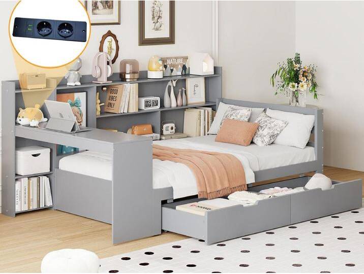 Massivholz-Schlafsofa 90×200 cm - mit Schreibtisch - mit 2 Schubladen - mit Steckdose - grau (Matratze nicht enthalten) von Kauf-Unique Marketplace